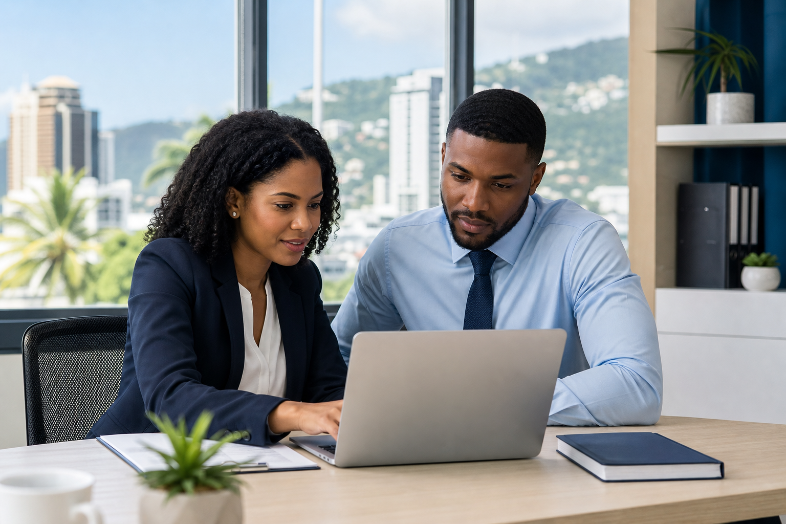 Two Trinidad and Tobago professionals reviewing career opportunities on a laptop